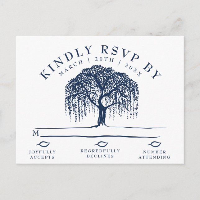 Modern Willow Tree Navy Blue Wedding RSVP Postcard (Front)