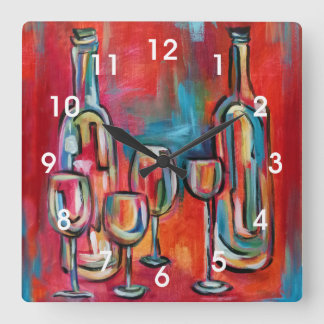 Modern Wine Bottles and Glasses Painting Square Wall Clock