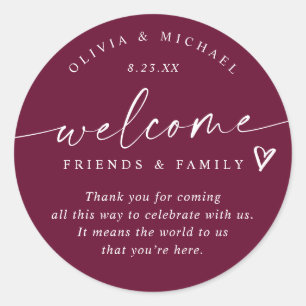 Modern Wine Burgundy Wedding Welcome Hotel Bag Classic Round Sticker