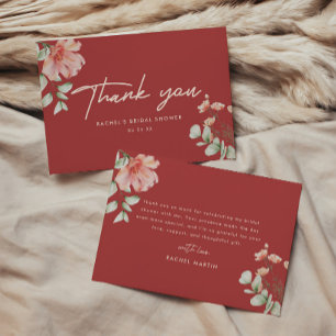 Modern Wine Red Floral Script Bridal Shower Thank You Card