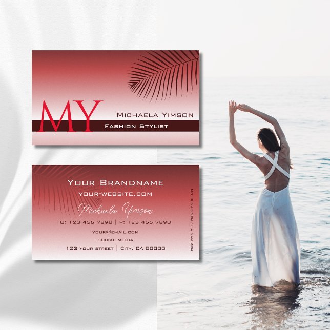 Modern Wine Red Gradient Palm Leaf Monogram Simply Business Card (Creator Uploaded)