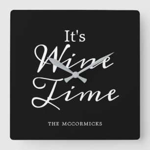 Modern Wine Time Black Personalized  Square Wall Clock