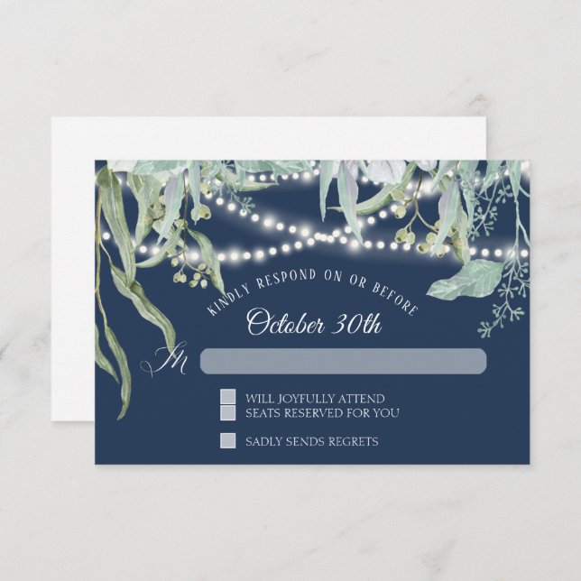 Modern Winery Eucalyptus Twinkle Lights Navy RSVP Invitation (Front/Back)
