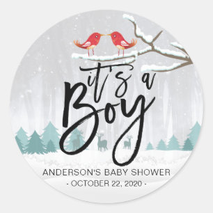 Modern Winter Baby Shower / It's a Boy Snow Scene Classic Round Sticker
