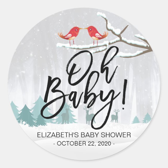 Modern Winter Baby Shower Snow Scene Bird Reindeer Classic Round Sticker (Front)
