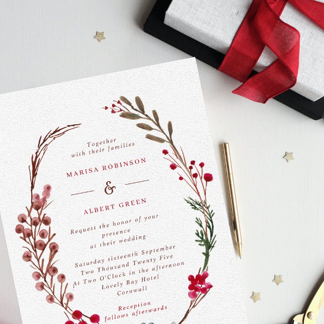 Modern Winter Berries Wreath Wedding Invitation (Creator Uploaded)