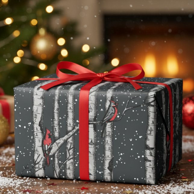 Modern Winter Black Cardinal Snowy Birch Trees Wrapping Paper (Modern Black and White Winter Cardinal Birds in Snow Birch Trees. Elegant Festive Nature Gift Wrap)