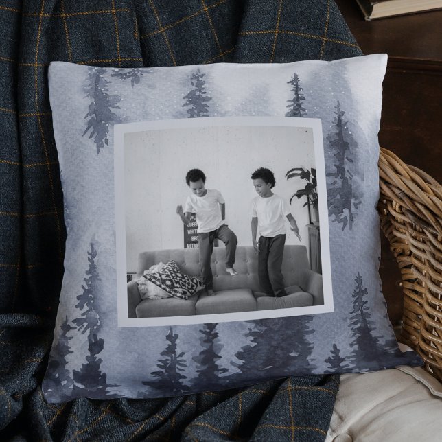Modern Winter Blue Trees & Photo  Throw Pillow (Creator Uploaded)