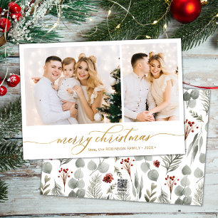 Modern Winter Botanical 2 Photo Collage Christmas  Holiday Card