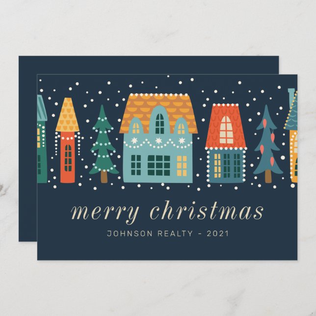 Modern Winter Christmas Town Business Holiday Card (Front/Back)
