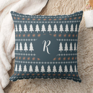 Modern Winter Christmas Tree Pattern Monogram Grey Throw Pillow