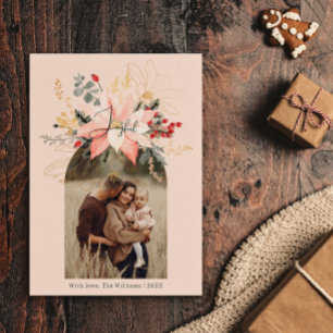 Modern Winter Floral Arch Joyful Pink Two Photo Holiday Card