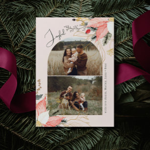 Modern Winter Floral Arch Pink Joyful Two Photo Holiday Card