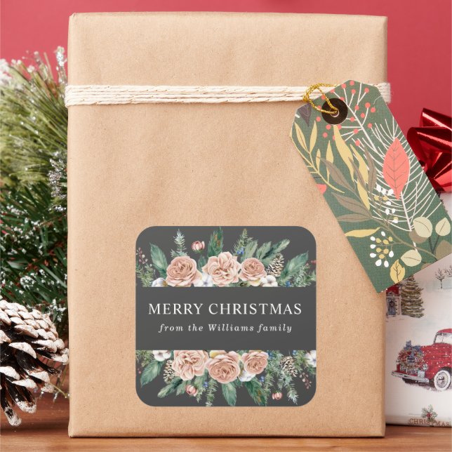 Modern Winter Floral Merry Christmas Square Sticker (Holiday)