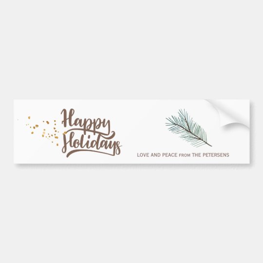 Modern winter forest pine happy holidays script bumper sticker