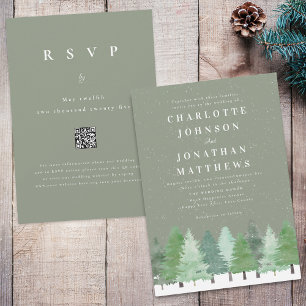 Modern Winter Forest QR Code Sage Green Wedding Invitation