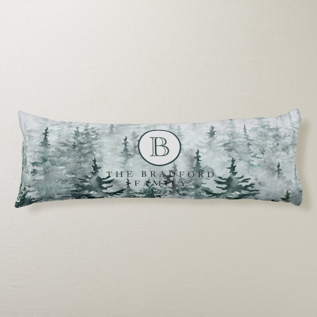  Modern Winter Green Pine Forest Family Monogram Body Pillow (Front)