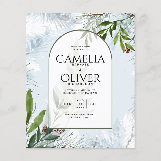 Modern Winter Greenery Gold Wedding Invite Flyer (Front)