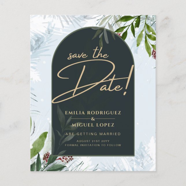 Modern Winter Greenery Wedding Gold Save Date Flyer (Front)