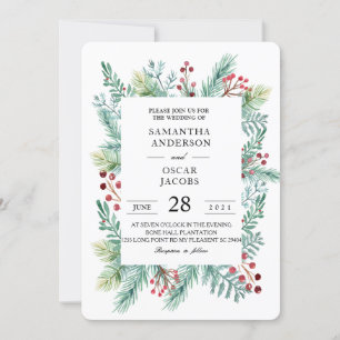 Modern Winter Leaf Frame Greenery Invitation