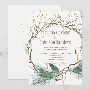 Modern winter nature wreath watercolor wedding invitation