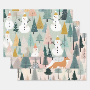 Modern Winter Pastel Snowman Foxes & Trees Greens Wrapping Paper Sheet