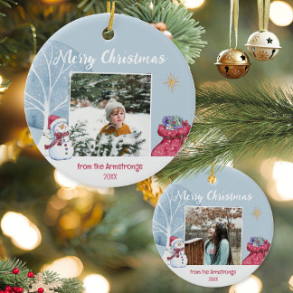 Modern Winter Photo Family Illustration Christmas Ceramic Ornament