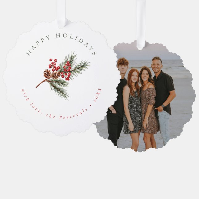 Modern Winter Pine Branch & Berries Photo Ornament Card (Front/Back)