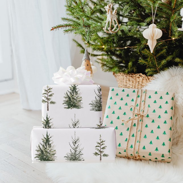 Modern Winter Pine Green Watercolor Tree Wrapping  Paper (Creator Uploaded)