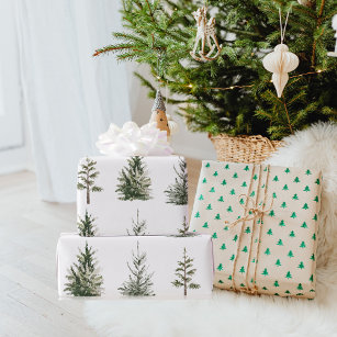 Modern Winter Pine Green Watercolor Tree Wrapping  Wrapping Paper