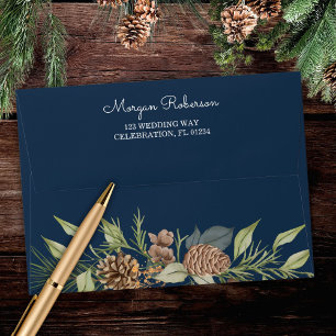 Modern Winter Pine Navy Blue Elegant Wedding Envelope