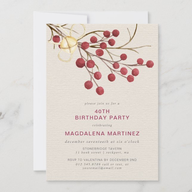 Modern Winter Red Berry 40th Birthday Party Invitation (Front)