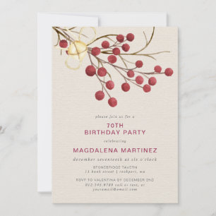 Modern Winter Red Berry 70th Birthday Party Invitation