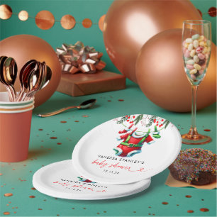 Modern Winter Red Christmas Santa Baby Shower Paper Plate