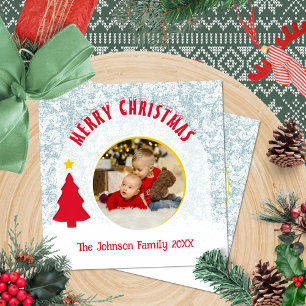 Modern Winter Scene Frosty Photo Round Holiday Card