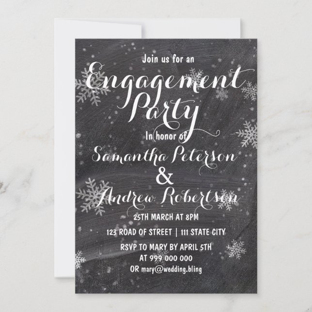 Modern winter snow chalkboard engagement dinner invitation (Front)