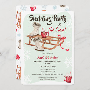 Modern winter snow sledding hot cocoa birthday  invitation