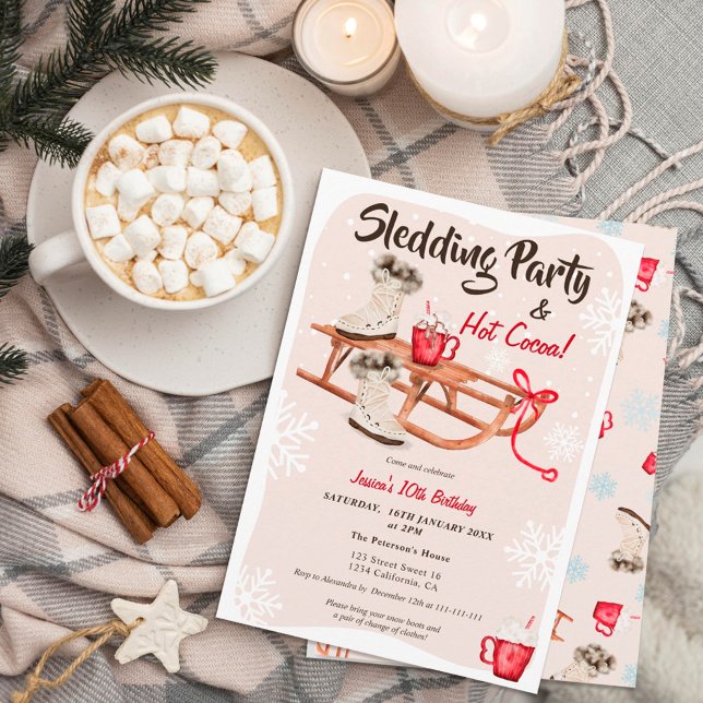 Modern winter snow sledding hot cocoa birthday invitation (Creator Uploaded)
