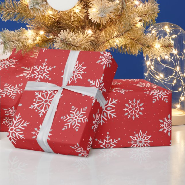 Modern Winter Snowflake Christmas Red Holiday Wrapping Paper (Holidays)