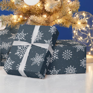 Modern Winter Snowflake Navy Blue Holiday Wrapping Paper