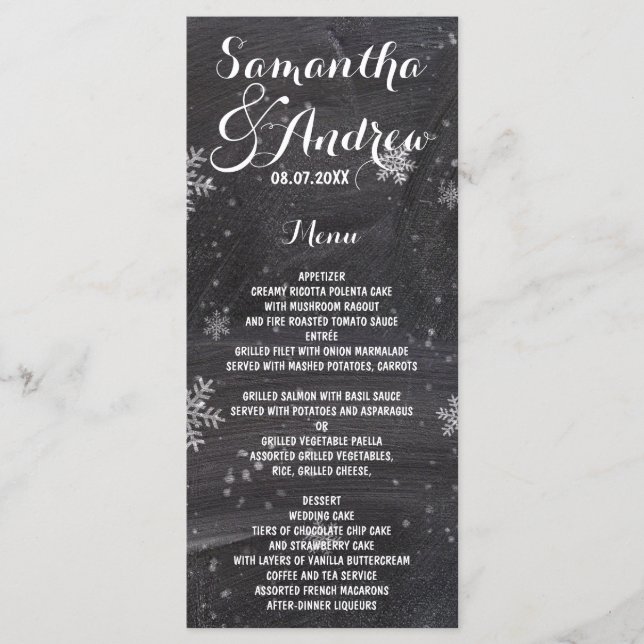 Modern winter snowflakes chalkboard wedding menu (Front)