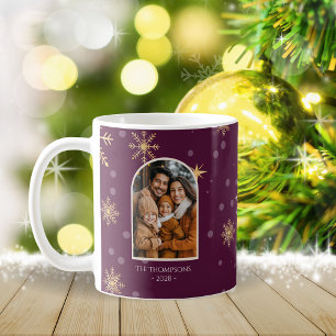 Modern Winter Snowflakes Photo Burgundy Christmas Coffee Mug