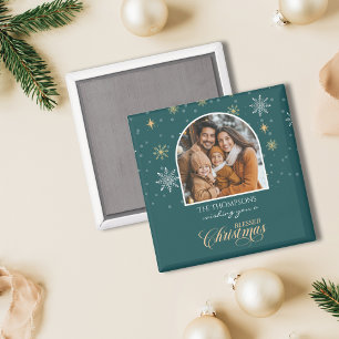 Modern Winter Snowflakes Photo Green Christmas Magnet