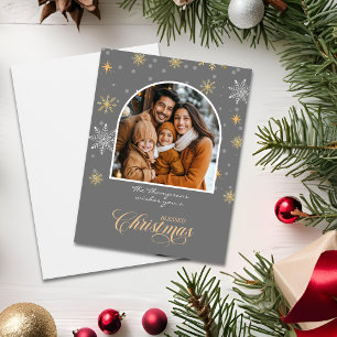 Modern Winter Snowflakes Photo Grey Christmas Card