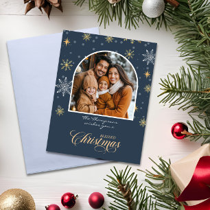 Modern Winter Snowflakes Photo Navy Blue Christmas Card