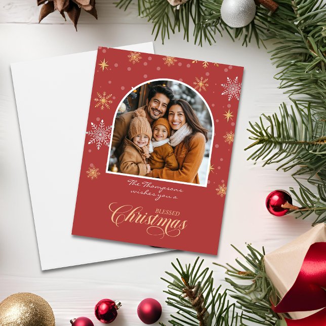 Modern Winter Snowflakes Photo Red Christmas Card (Creator Uploaded)