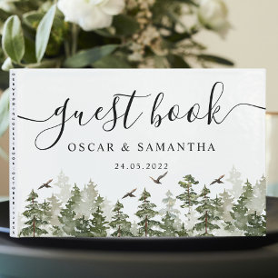 Modern Winter Watercolor Green Forest With Snow Guest Book