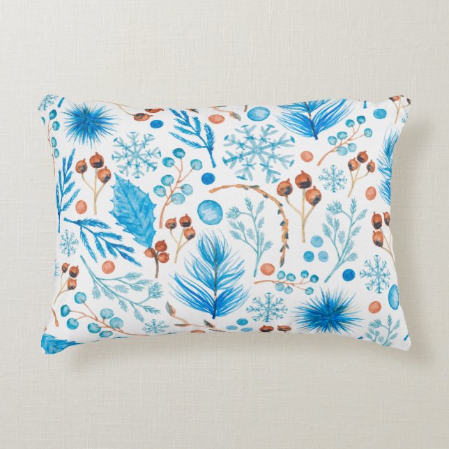 Modern Winter Watercolor Leaves and Berries  Accent Pillow (Front)