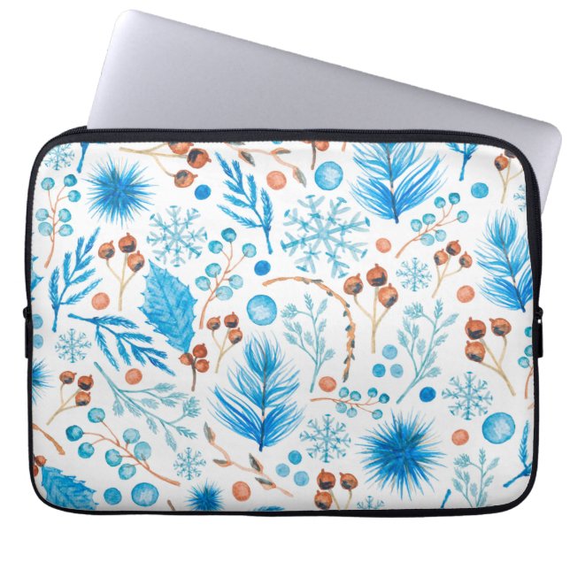 Modern Winter Watercolor Leaves and Berries  Laptop Sleeve (Front)