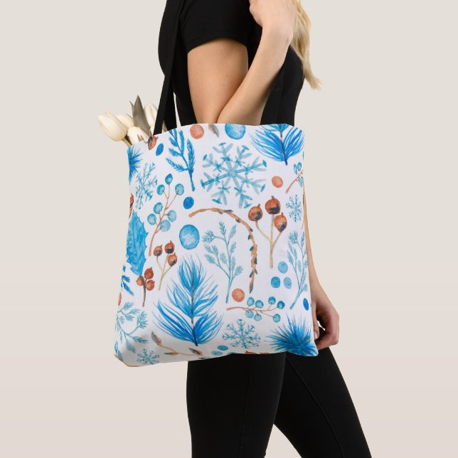 Modern Winter Watercolor Leaves and Berries  Tote Bag (Close Up)